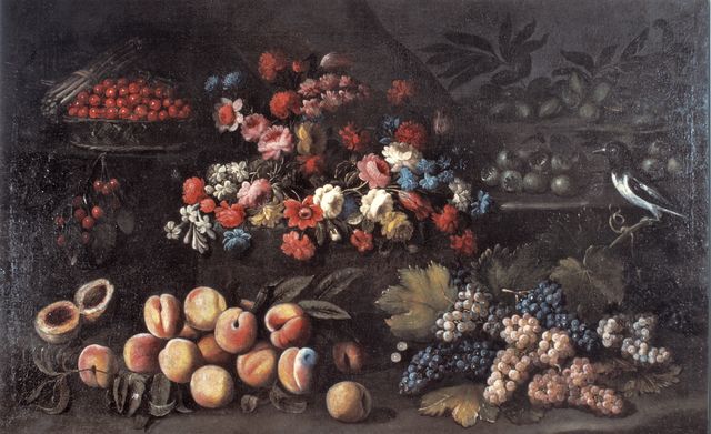 Anonimo — Desti Giacomo (ambito) - sec. XVIII - Natura morta con fiori, frutta e uccello — insieme